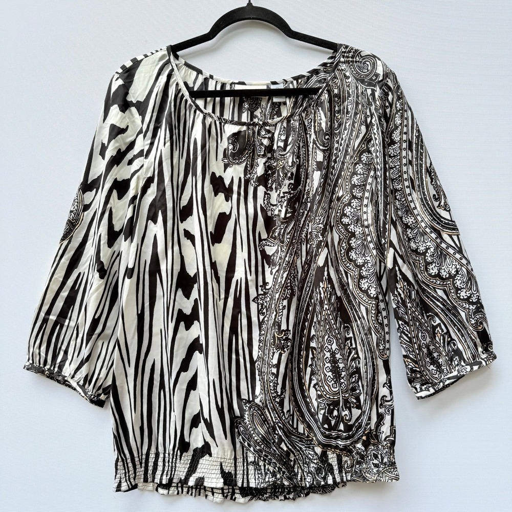 Chicos Top Women 2 Large Zebra Paisley Print 3/4 Sleeve Light Satin Artsy Blouse